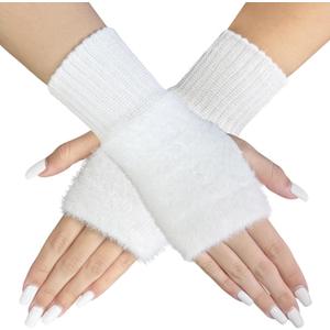 Fleece Soft Winter Fingerless for Women Warm Solid White Knitted Wrist Mittens Womens Arm Warmer (White)