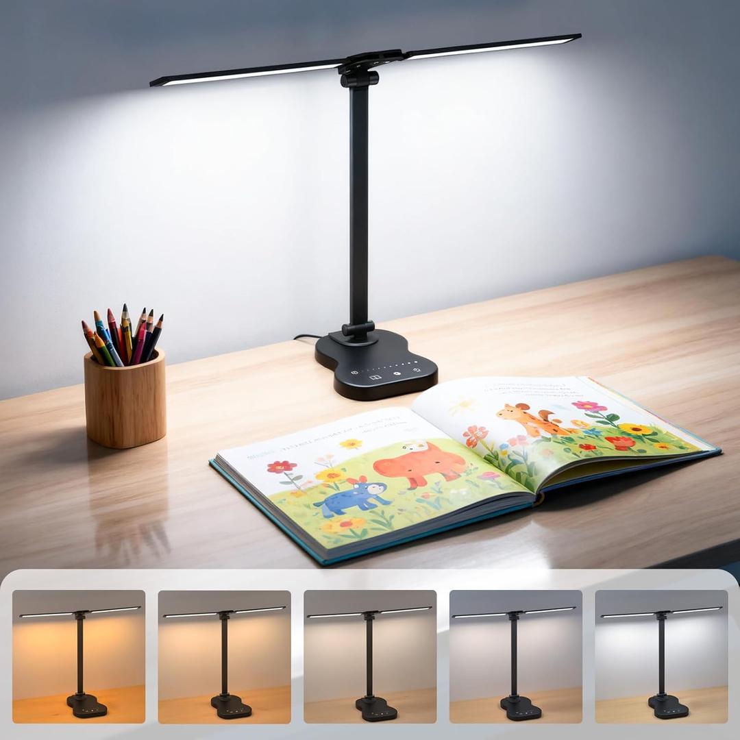 LED Desk Lamp with USB Charging Port, 5 Color Modes 10 Brightness, Dual Swing Arm Dimmable Desk Lamps for Home Office Nail Dorm (Black)