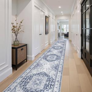 Washable 2.6x16 Hallway Runner Rug - Extra Long Non Slip Vintage Runner Rugs for Kitchen Stain Resistant Indoor Floor Mat Waterproof Carpet for Living Room Entryway Navy/Blue