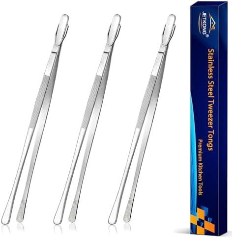 JETKONG 3 Pcs 12-Inch Cooking Tweezer Tongs Food Tweezers for Kitchen and Barbecue (12 12 12 Inch, Silver)