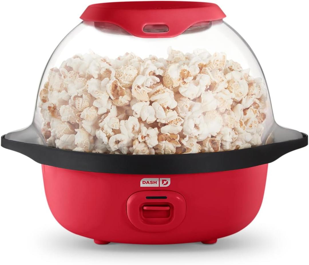 Dash SmartStore Stirring Popcorn Maker - Hot Oil Electric Popcorn Popper with Butter-Warming Tray, Clear Serving Bowl & Measuring Cup - 12 Cups, Red