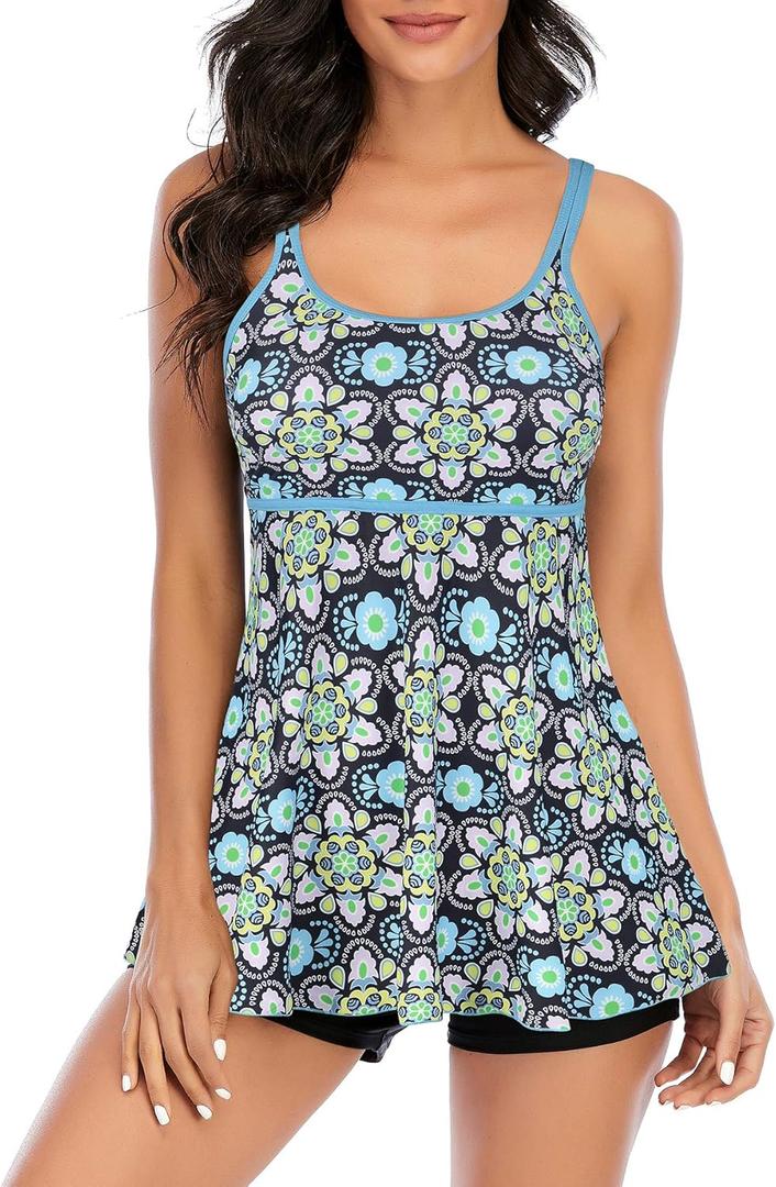 Zando Womens Swimsuits 2 Piece 2025 Tankini Bathing Suits Swim Suits for Women Swimwear Bathing Suit Top with Boyshorts (6-8, Z Green & Blue Pattern) M