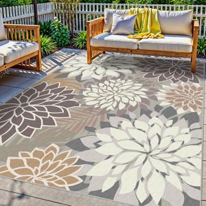 Colorful 5x8 Outdoor Area Rug Washable Multicolored Patio Rug Tropical Botanical Floral Chenille Waterproof Outdoor Carpet for Living Room, Deck, Backyard, Porch, Taupe