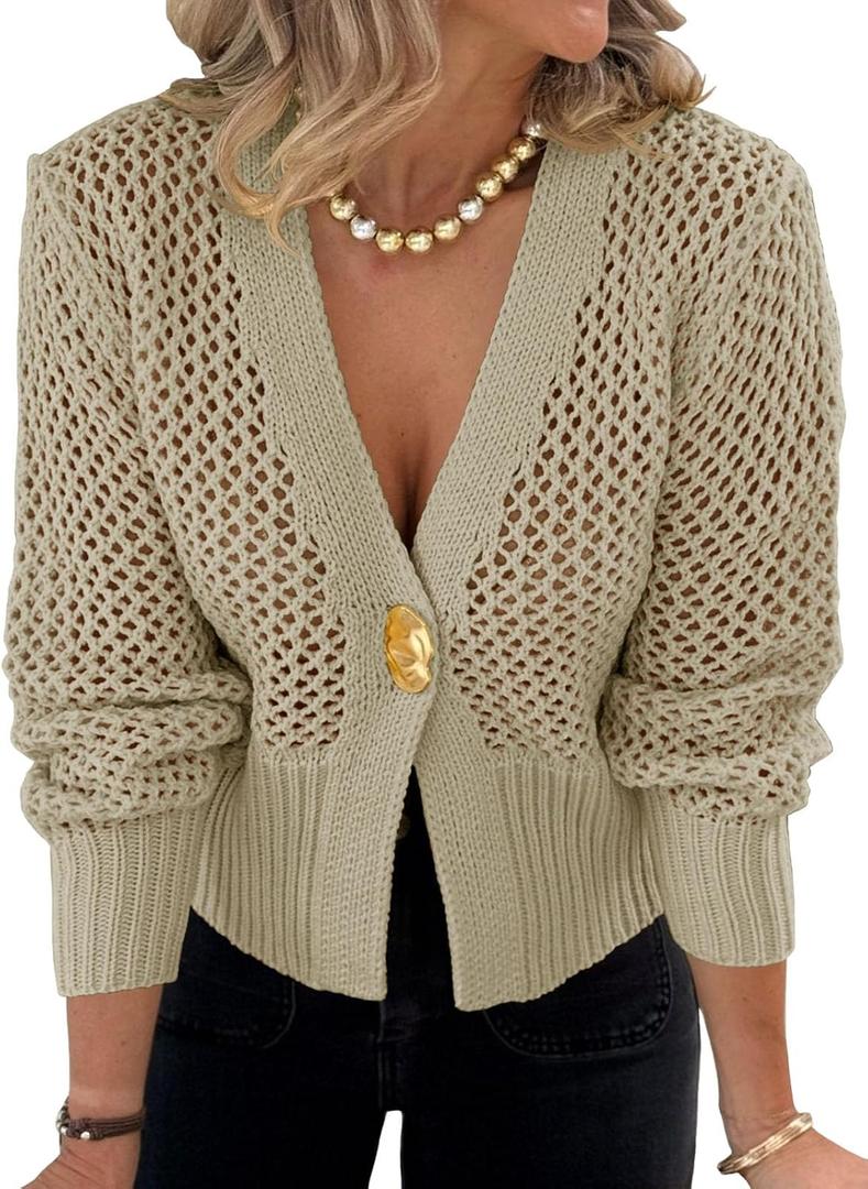 Cicy Bell Womens Cropped Crochet Cardigans Hollow Out Button Down Lantern Sleeve Knit Sweaters Casual Mesh Loose Fit Cover Up Khaki L