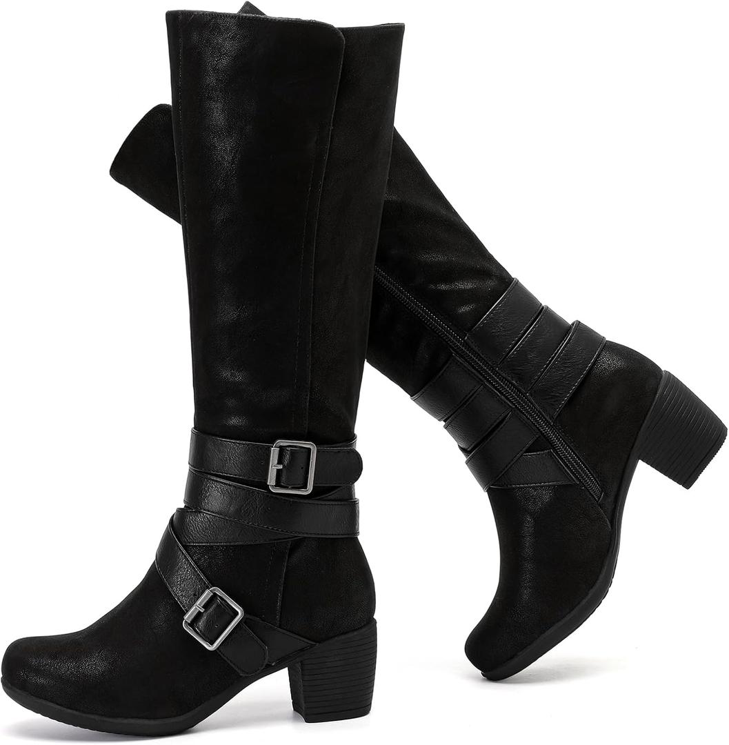 Ruiee Knee High Boots for Women Chunky Heel Casual Comfort Pointed Toe Boot Womens Fashion Fall Winter Knee-High Boots. (9, Black Zpu 304)