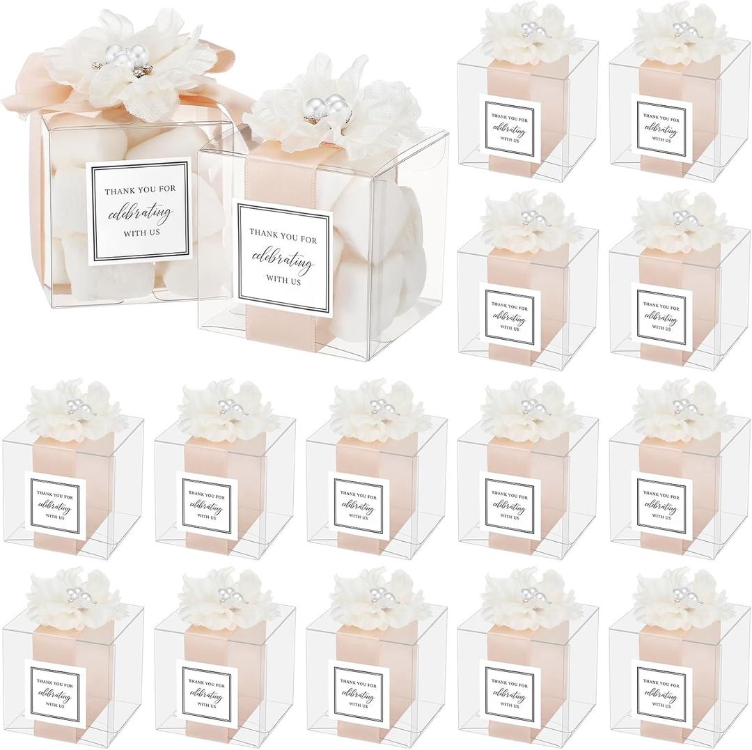Wenqik 20 Pack Clear Wedding Favor Boxes with Ivory White Pearl Flowers, Ribbon and Thank You Stickers, Elegant Plastic Candy Gift Boxes for Bridal Shower Baby Shower, Birthday Wedding Supplies