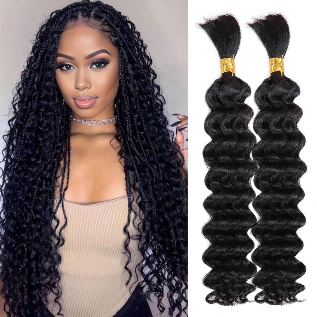 Lashey Human Braiding Hair Deep Wave Bulk Human Hair for Braiding 100% Virgin Hair Bulk 100g 2 Bundles/Pack No Weft Human Hair Extensions For Boho Braids Knotless Braid Box Braid Natural Black 18 Inch