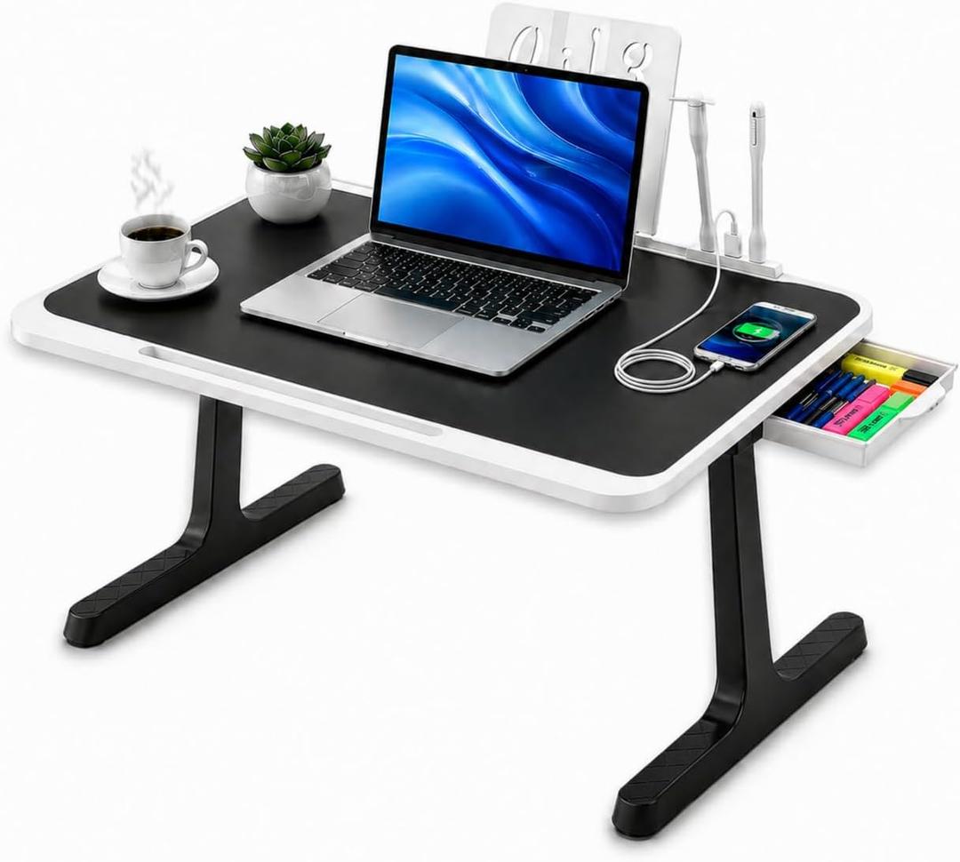 USB-C LED Light Foldable Lap Desk with LED Lamp, Cooling Fan & Book Stand — Portable Bed Laptop Table with Side Drawer, Phone & Tablet Holder, Charging Port