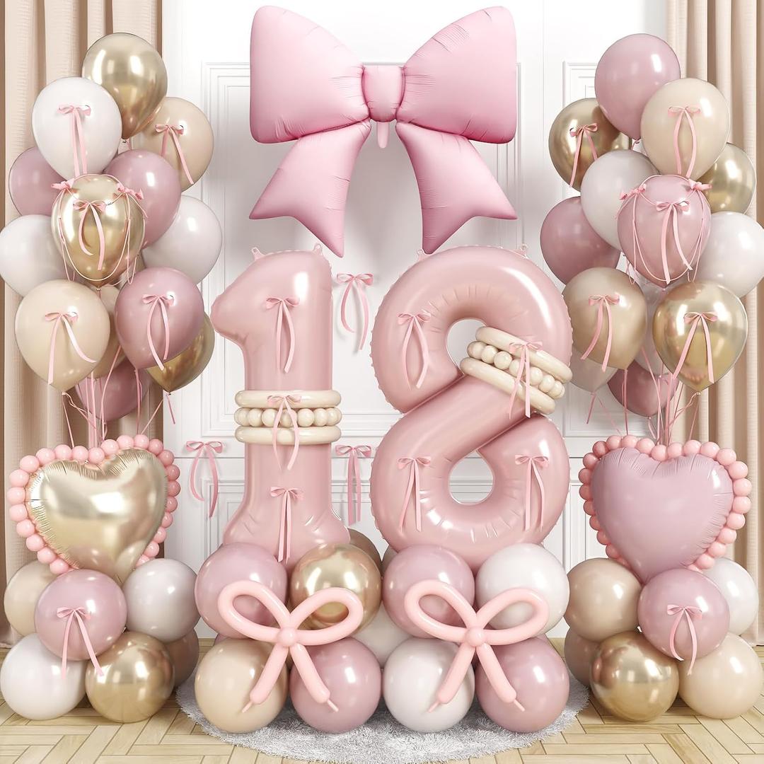 Dusty Pink Balloon Number 18 for 18th Birthday Decorations Girls, Retro Blush Pink Gold Cream Latex Balloons with Large Bow Heart Foil Balloons for Boho 18 Year Old Birthday Anniversary Party Decor