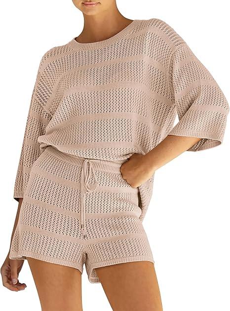 PRETTYGARDEN Women's Summer 2 Piece Cover-up Knit Swimsuit Short Sleeve Tops Shorts Sets Bathing Suit Beach Outfits Size M Color Beige
