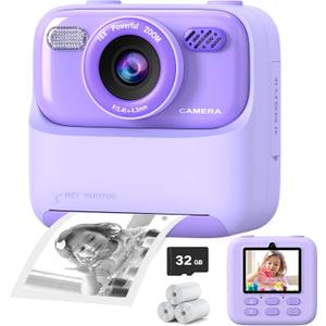 Kids Instant Digital Cameras for Boys and Girls, 1080P HD Dual-Lens Selfie Digital Camera with Print Paper & 32G Card, Christmas Birthday Gifts Toys for Toddler and Teenagers Age 3-16 Years Old, Purple