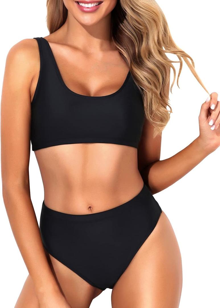 Tempt Me Women Two Piece Scoop Neck Bikini Crop Top Swimsuit Sporty High Waisted Bathing Suit (X-Large, Black)