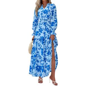 PRETTYGARDEN Women's Floral Maxi Dress 2026 Fall Long Sleeve V Neck A Line Long Flowy Spring Party Boho Dresses (Floral Light Blue) XL 