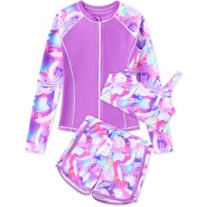 Ghteas Girls Swimming Set with Swim Trunks Long Sleeve Rash Guard Swimsuit and Tank Top 3 Piece Bathing Suit for Beach Trip Holiday Youths Girl Swimwear 13-14 Years Pink