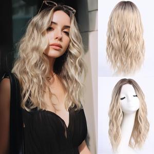 Middle Length Ombre Blonde Wavy Wigs for Women 18 Inch Middle Part Blond Wavy Wig Medium Natural Looking Synthetic Heat Resistant Fiber Wig for Daily Party Use (18 inch)