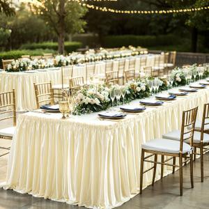 14ft Length Champagne Satin Table Skirt for Rectangle Tables-Wrinkle Resistant Ruffle Table Skirting Glitter Desk Cover Skirt for Weddings Birthday Party Stage Banquet Dining Table Decorations