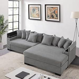 L-Shaped Cloud Sofa with Convertible Chaise Lounge, Oversized 2 Piece Minimalist Modular Sectional Couch, Corduroy Corner Sof Deap Seat Sleeper Sofa&Couch with Arm Storage for Liiving Room (Grey)