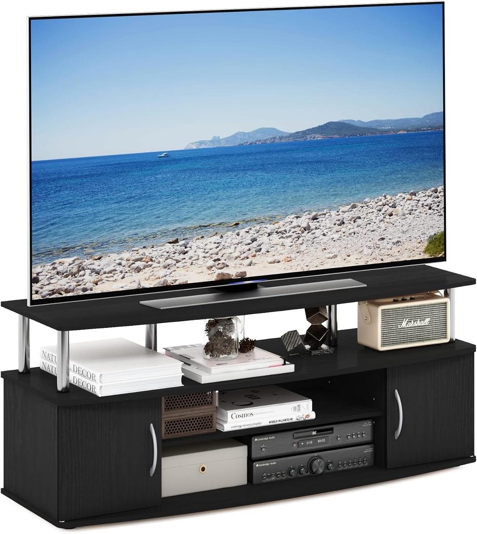 Furinno JAYA Large Entertainment Stand for TV Up to 55 Inch, Americano/Chrome, 55 Inch Stainless Steel Pole