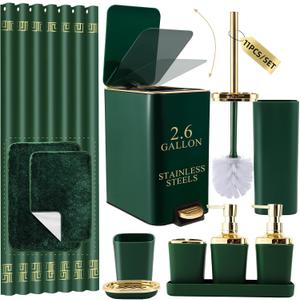 XLHOMO Bathroom Sets with Shower Curtain and Rugs Bathroom Accessories Set Hunter Green Bathroom Set,Soap Dispenser & Toilet Brush Holder Set with Stainless Steel Trash Can