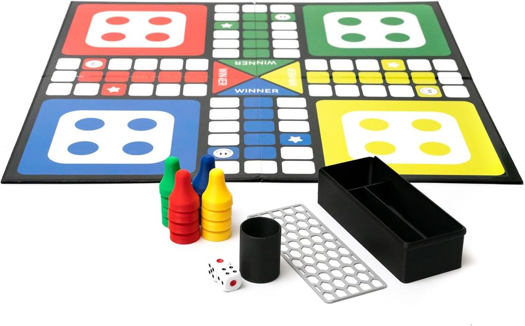 Premium Ludo Board Game Set  20"x20" Quad-Fold Game Board with 16 Colorful Pawns, Dice Cup, 2 Dice & Storage Box