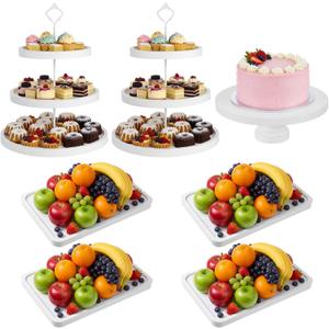 RattanView 7 Pcs Wood Dessert Table Display Set Wooden 3 Tie Cupcake Stands Rustic Round Cake Stand Wood Dessert Serving Trays for Wedding Baby Shower Birthday Tea Party(White)