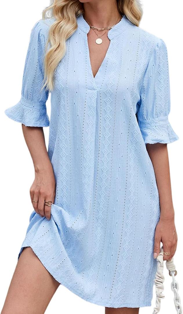 PerZeal Shirts Dress for Women V Neck Short Sleeves Casual Flowy Summer Beach Vacation Shifts (M)