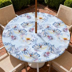 Round Outdoor Tablecloth with Umbrella Hole and Zipper, Elastic Fitted Waterproof Patio Tablecover for Garden Patio Backyard Picnic BBQ, Fits 37"-44" Round Table, Watercolor Floral
