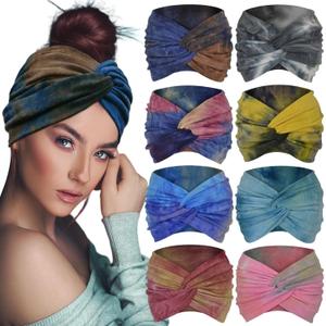 Sefiinh Boho Extra Wide Headbands For Women 7'' Large Headband Twist Head Bands Women's Hair Band Stretchy Turban Styling Accessories Tie Dye 8 Pack