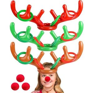 18 Pieces Inflatable Reindeer Antler Ring Toss Christmas Games 2 Colors Antler Hats Christmas Party decorations for Kids Adults Family Xmas Carnival Party Toys (3 Antler Hats, 12 Rings, 3 Reindeer Noses)