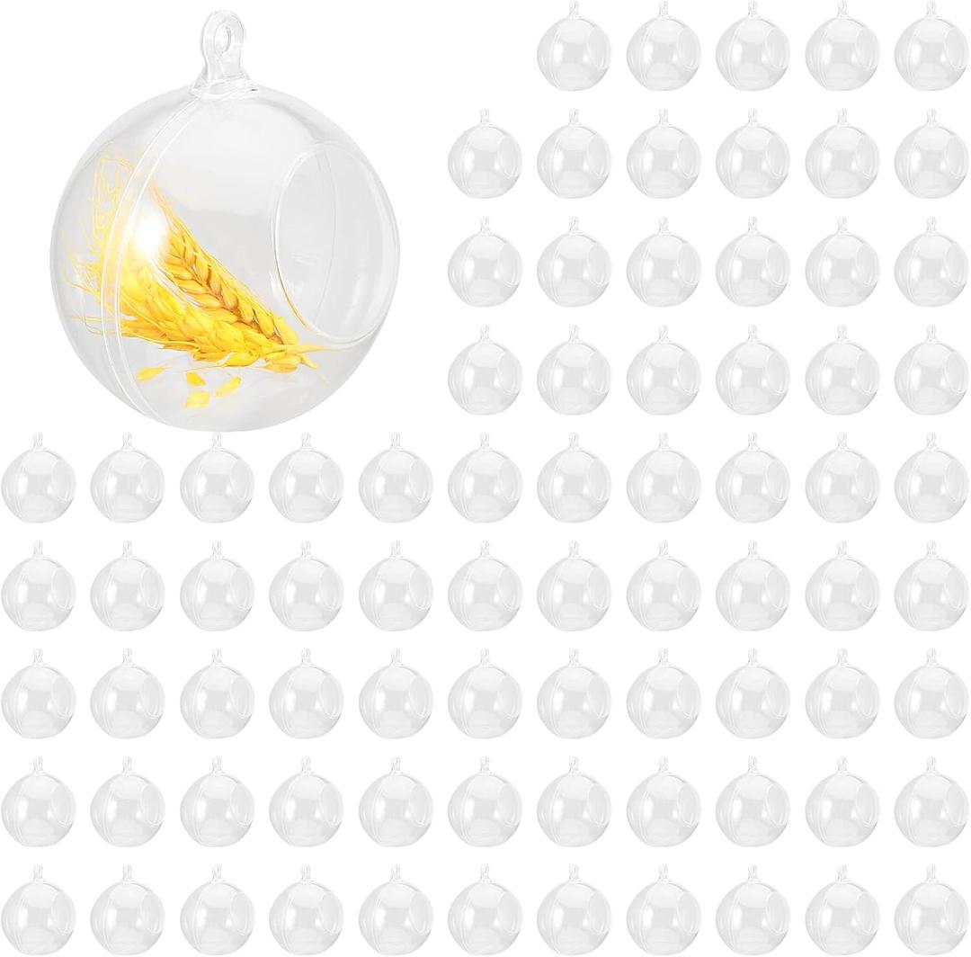 JEUIHAU 80 Pack 90 mm Acrylic Hanging Globe, Plastic Hanging Ball, DIY Clear Fillable Ornaments Balls for Christmas, Wedding, Party, Home Decor, Gift Giving