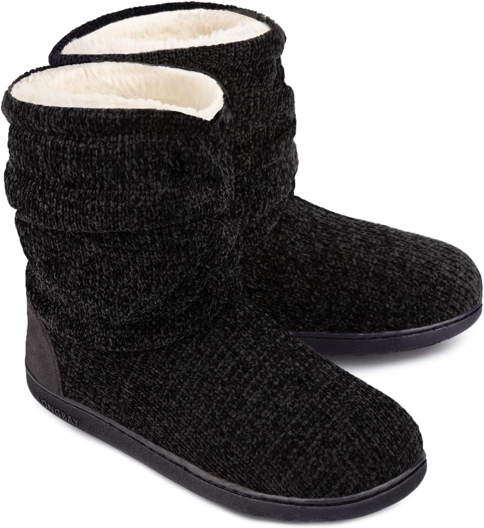 LongBay Women's Cozy Winter Slipper Boots Warm Chenille Knit Bootie Memory Foam Non-Slip Indoor Outdoor House Shoes (9-10, Black)