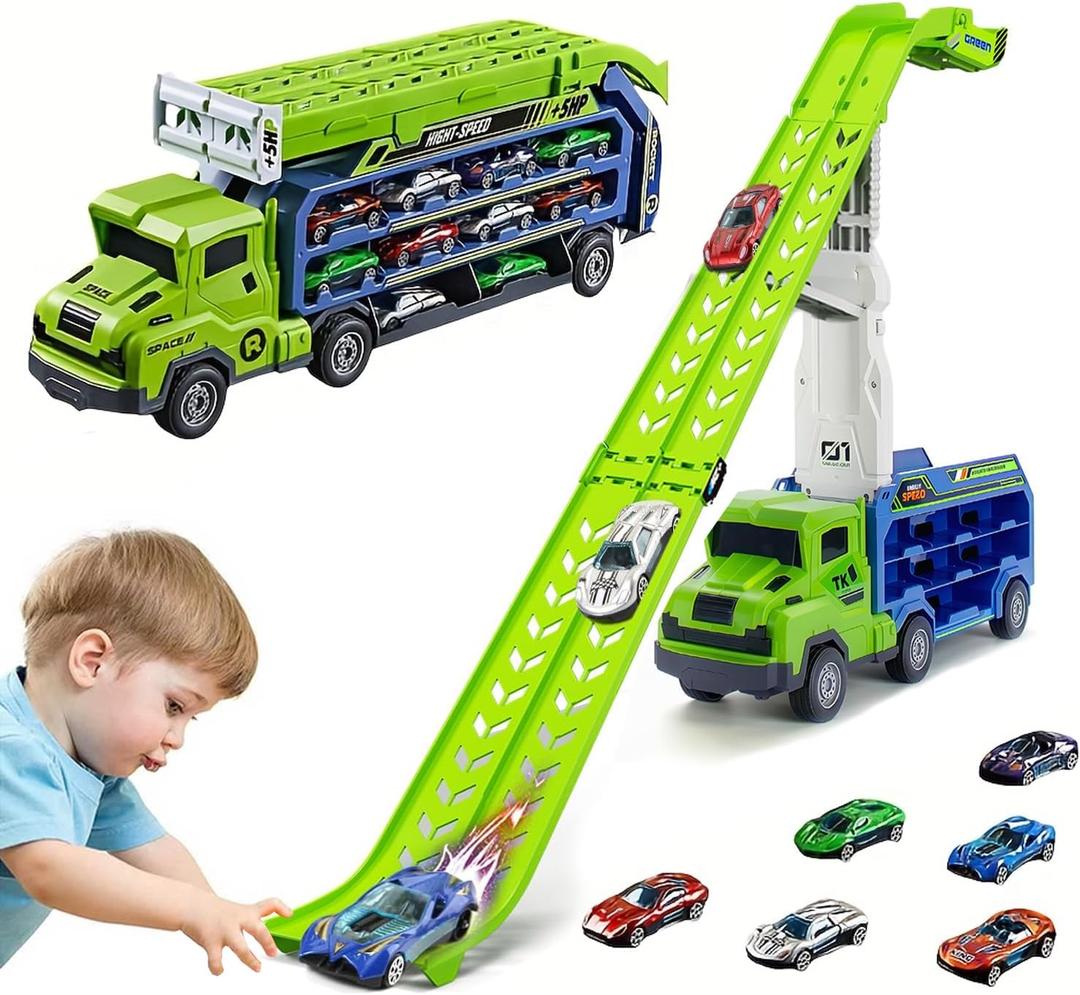 Dinosaur Track Cars Toys for Boys, Transforms into Dino Truck with 8 Die-Cas Cars, Transporter Truck Toys, Race Track for Toddlers 3-5, Kids Birthday Gifts 3 4 5 6 Years Old (Blue)