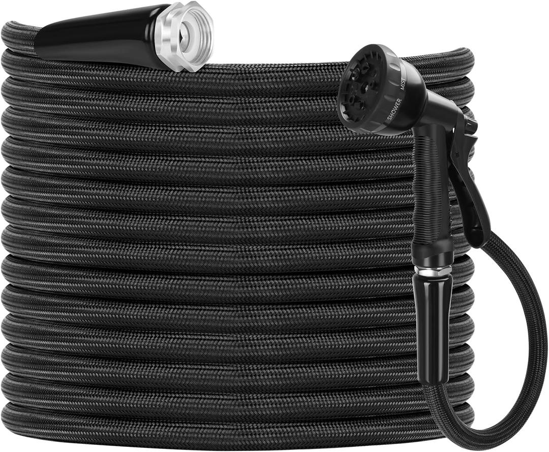 MultiOutools Lightweight Garden Hose, 25FT Water Hose with Free Nozzles Flexible Patio Garden Hose with Solid Brass Fittings Durable Kink Free for Outdoor Hose (Black)