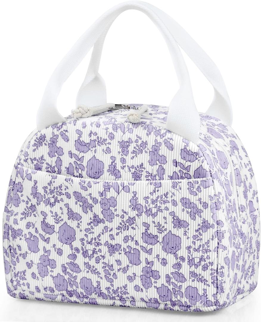 TESAFNG Lunch Bag - Insulated Lunch Box for Women, Reusable Large Capacity Cooler Bag for Adult, Small Leakproof Cute Corduroy Lunch Tote for Work Office Travel Picnic (Corduroy Purple-Flower)