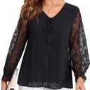 Altelime Women's Long Sleeve Drawstring Tops V Neck Dressy Casual Chiffon Blouses Elegant Double Layers Shirts (Black, XL)