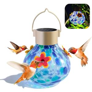 Hummingbird Feeder with Solar Light, Outdoor Glass Hummingbird Feeder, Auto-Lighting Solar Lamp for Garden Decor, 3 Feeding Ports Attract More Birds, Waterproof Design, Ideal Gift (Blue)