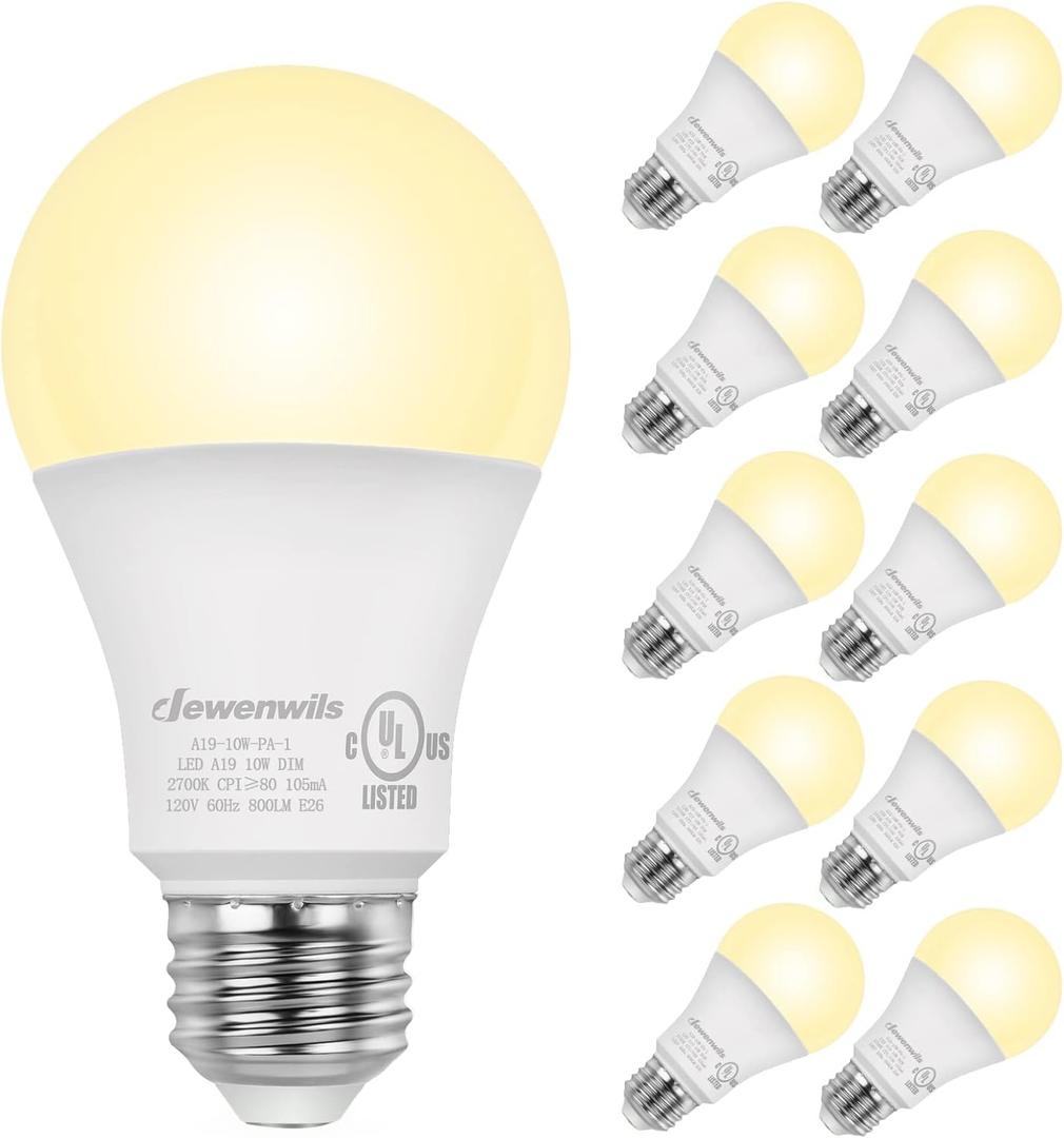 DEWENWILS 10-Pack Dimmable LED A19 Light Bulb, Soft White Light with Warm Glow, 800 Lumen, 2700K, 10W (60 Watt Equivalent), E26 Medium Screw Base, UL Listed