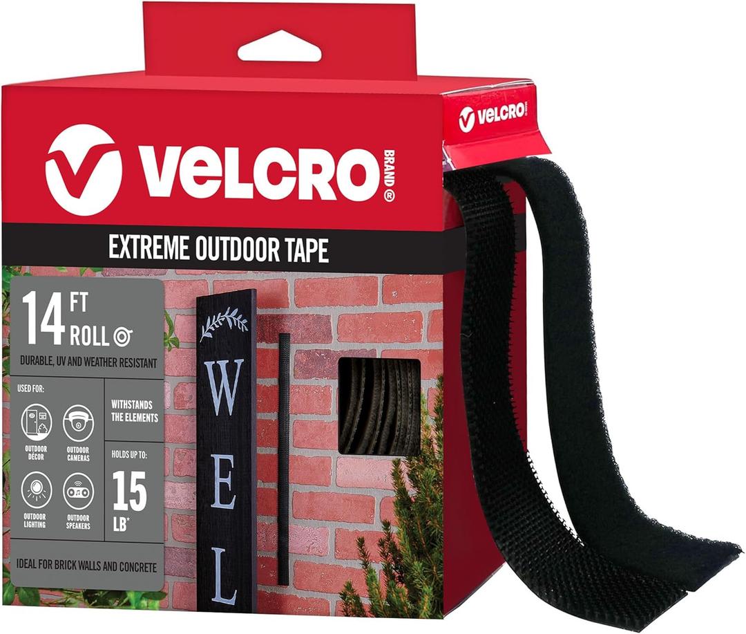 VELCRO Brand Extreme Outdoor Double Sided Mounting Tape Holds up to 15 Pounds on Brick or Other Rough Surfaces UV and Weather Resistant 14Ft Heavy Duty Roll, 14ft X 1in