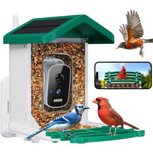 Smart Bird Feeder with Camera, AI Bird Species Identification Solar Powered Panel, 2.5k HD Video Bird House with Camera for Outside Garden, Ideal Gifts for Lover,Valentine's Day, Green