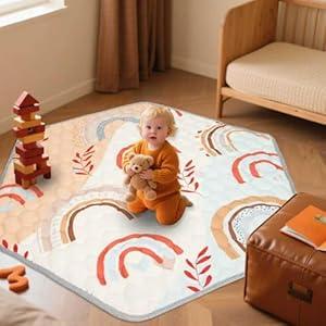 Baby Mat for Floor, Gentle Monster 52x45 Cushioning Padded Hexagon Baby Playpen Mat, Non-Slip and Machine Washable Crawling Mat for Infants, Babies, Toddlers to Play and Learn Rainbow Design