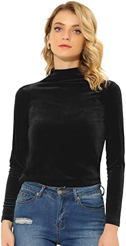 Allegra K Women's Turtleneck Velvet Top Long Sleeve Work Shirts Basic Velour Blouse Size L