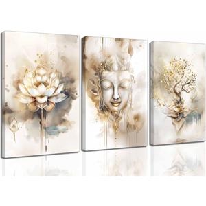 SMFARTJX 3Pcs Zen Canvas Wall Art 16x24in | Tree of Life Lotus Flower Buddha Pictures Wall Decor Poster Print Artwork For Living Room Yoga Room Hotel Bedroom