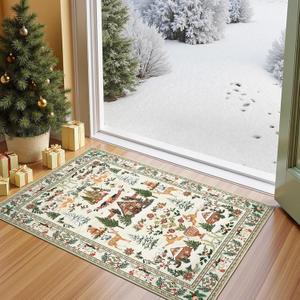 jinchan Christmas Rug 2x3 for Entryway Kitchen Small Holiday Rug for Porch Bathroom Christmas Tree and Cabin Printed Xmas Decor Washable Doormat for Bedroom Non Slip Green on Beige
