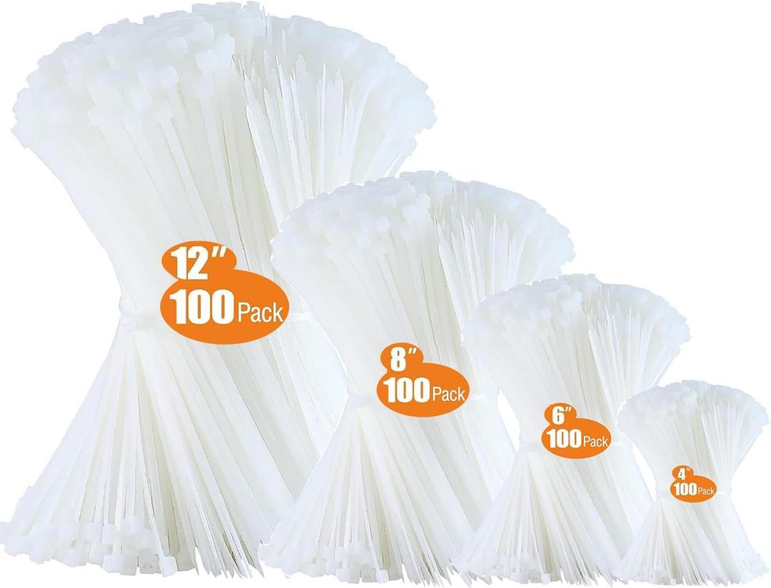 Zip Ties Assorted Sizes 400 Pack 4/6/8/12 Inch Cable Ties Heavy Duty Plastic Wire Ties UV Resistant Zipties Black Small Zip Tie Wraps Assortment Cord Management for Home, Office, Gardening (White)