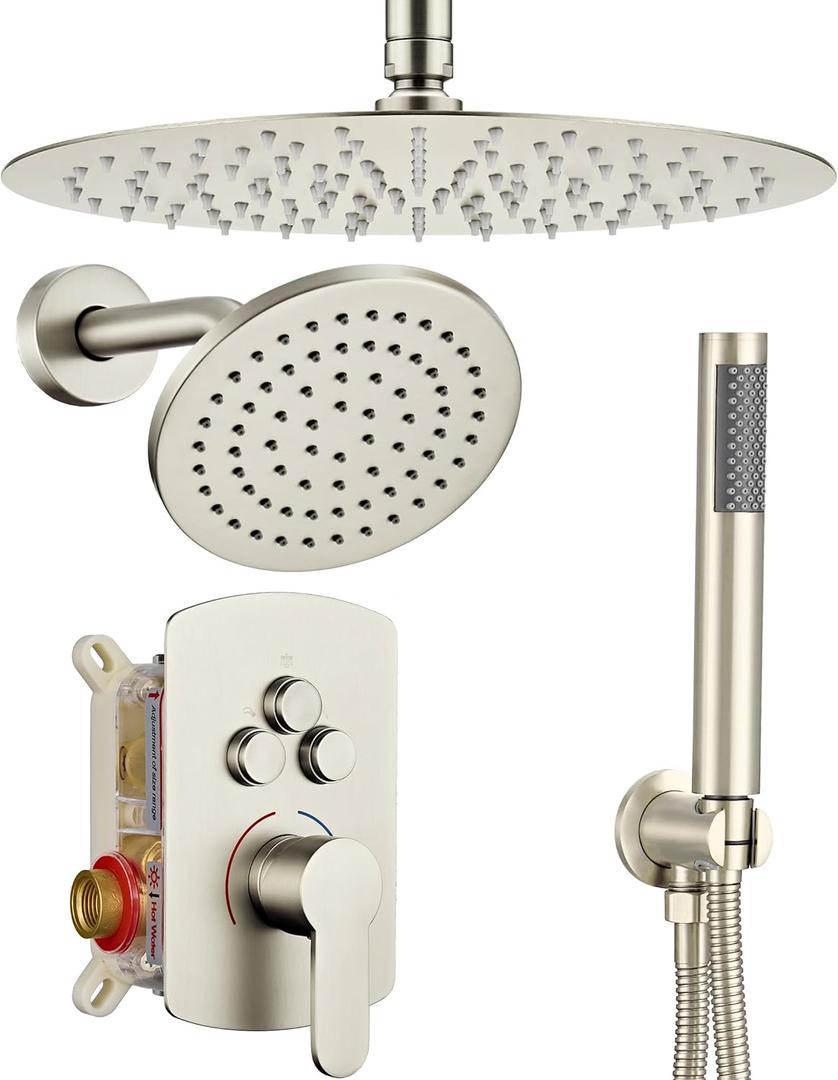 Dasan Rainfall Full Body Shower Faucet System with 12'' Round Shower & 6'' Shower Head,Brushed Nickel Dual Shower Head Faucets Set with Handheld & Valve, Double Shower Head System for Couples/2-Person