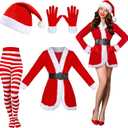 Funtery 5 Pcs Santa Claus Costume Women Christmas Suit Including Velvet Dress with Belt, Hat, Striped Tights, Velvet Gloves (XX-Large, Red)
