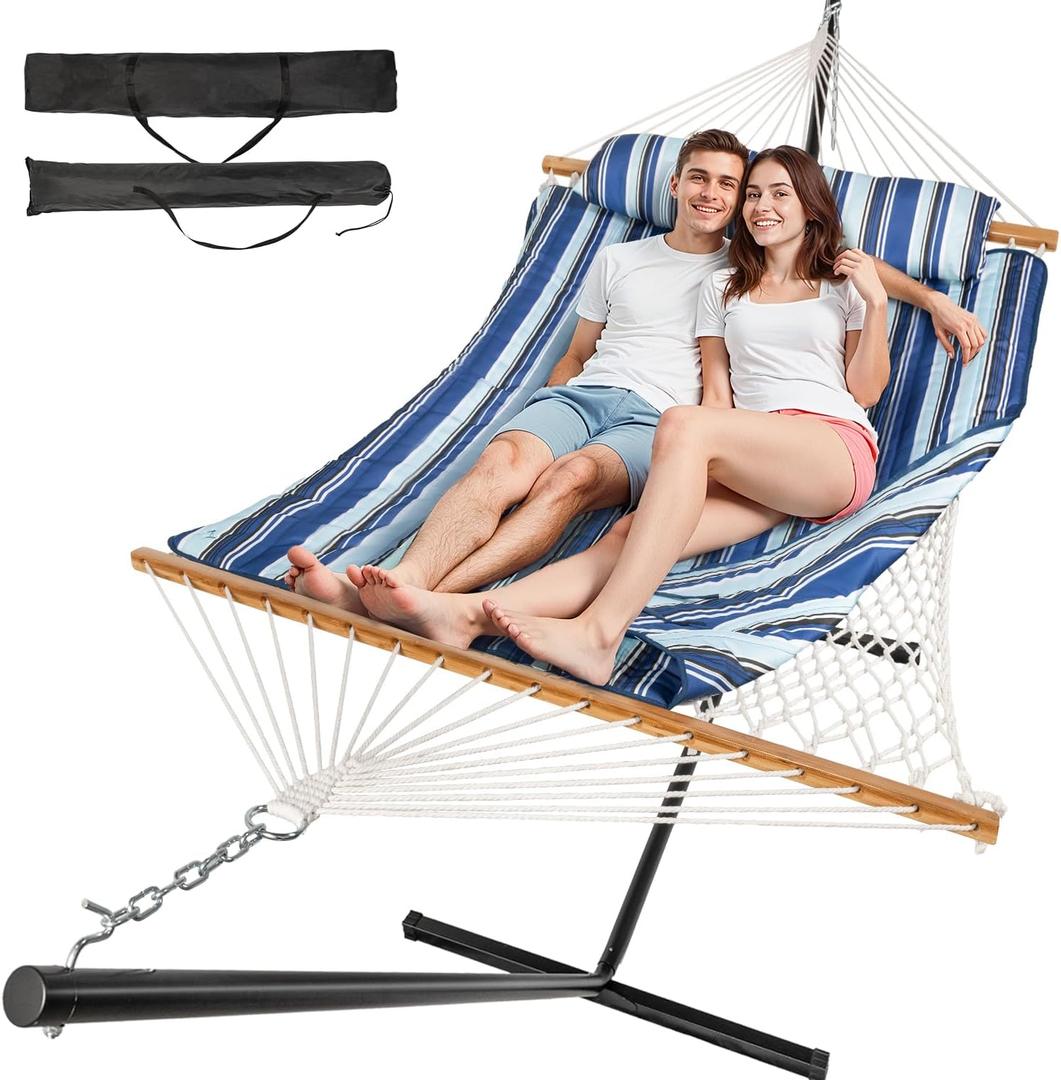 Double Hammock with Stand, 2 Person Cotton Rope Hammock with Removable Polyester Pad, 500LBS Capacity, Portable & Adjustable Design, Includes Storage Bag, Indoor Outdoor Use, Blue
