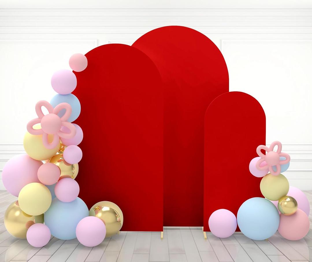 Babenest Red Wedding Arch Cover Set of 3, Spandex Fitted Arch Backdrop Cover for Photo, Round Top Chiara Stand Cover for Party Birthday Baby Shower Background Decoration6.6FT/7.2FT/8FT