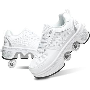 Roller Skate Shoes for Girls, Boys, 2-in-1 Skating Shoes for Man, Women, Retractable Roller Shoes for Kids, Deformation Shoes with Wheels, White (3.5US)