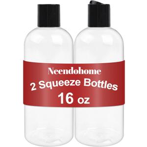 16 oz BPA Free Plastic Suqeeze Bottles with Black Disc Caps Refillable Travel Containers for Toiletries Shampoo conditioner Lotions Liquid Soap Shower Gel (2Pack, Clear)